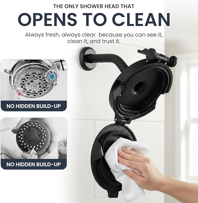 Shower Clear-The World’s Only Cleanable Shower Head with Patented Open-Clean Design to Reduce Moisture and Buildup, High Pressure Flow, Universal Fit -Matte Black (1.1 lbs, 5.5 inches)
