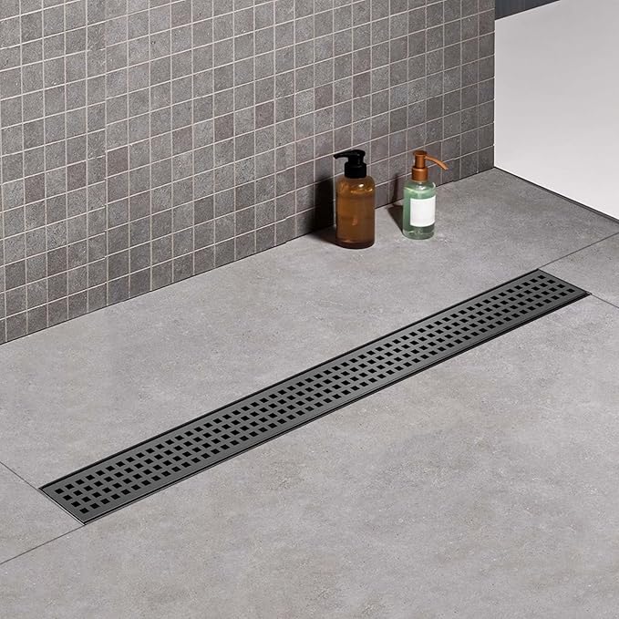 Offset Linear Shower Drain, Matte Black Shower Drain 60 inch with Removable Grate Cover, Brushed 304 Stainless Steel Side Outlet Black Shower Floor Drain with Hair Catcher and Leveling Feet