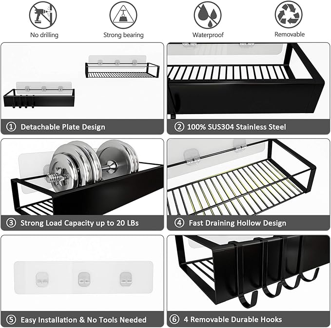 Shower Caddy, Adhesive Shower Organizer with Hooks, Shower Shelves for Inside Shower, No Drilling Shower Rack Holder, Shower Storage for Bathroom, Kitchen Spice Rack-2 Pack Black