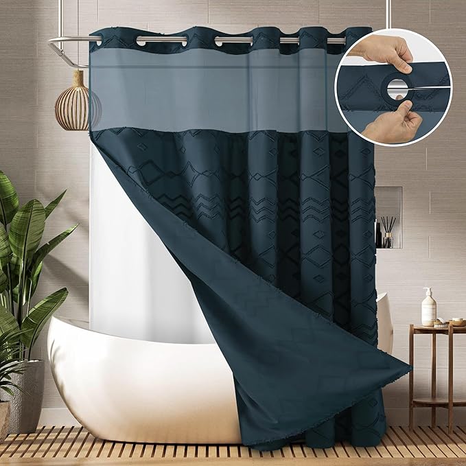 Long No Hook Tufted Chevron Striped Shower Curtain with Snap-in PEVA Liner Set - 72" x 86", Hotel Style with See Through Top Window, Water Repellent Fabric Shower Curtain Navy