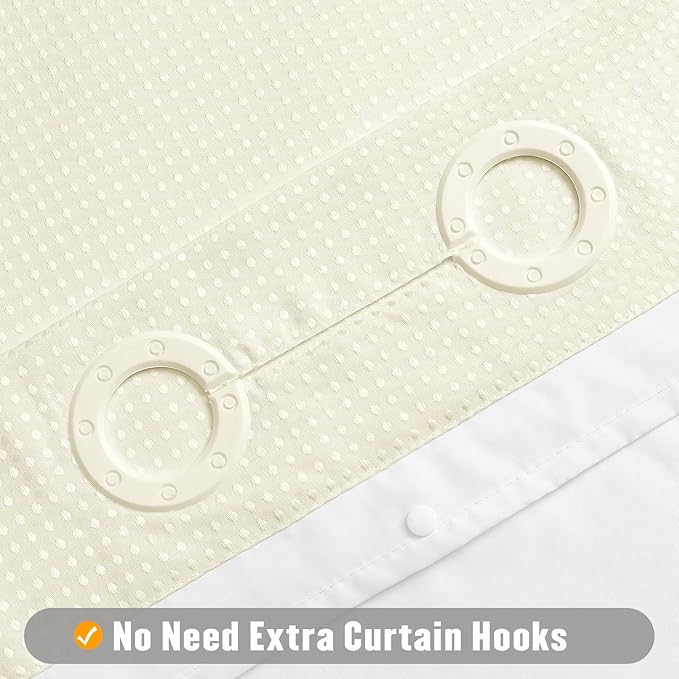 MitoVilla No Hooks Needed Extra Long Shower Curtain Liner Set, Ivory 86 inch XL Heavyweight Waffle Fabric Cloth Shower Curtains Set with Snap-in Liner for Modern Luxury Hotel & Spa Bathroom Decor