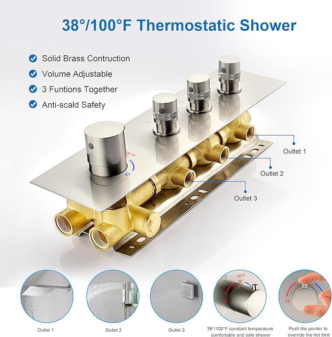 3 Way Shower Diverter Valve - Brushed Nickel, 3 Function Thermostatic Mixer Brass Valve with Individual On/Off Flow Control, Ideal for Shower Arm & Shower Kit