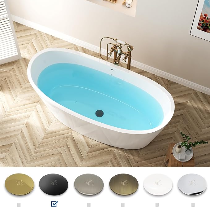 FerdY Naha Elite 59" Acrylic Freestanding Bathtub, Curve Edge Freestanding Soaking Bathtub, Glossy White, cUPC Certified, Matte Black Drain & Minimalist Linear Design Overflow Included