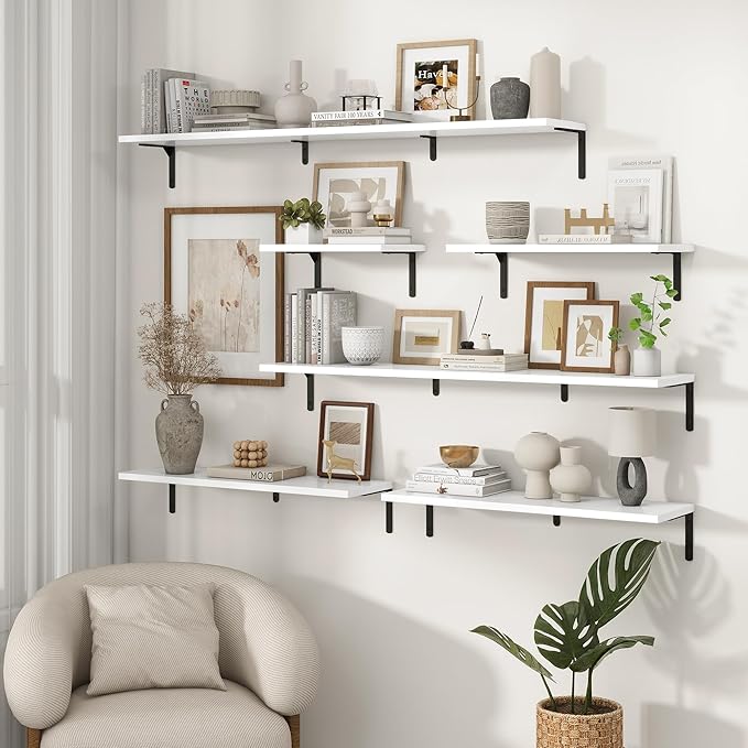 Fun Memories Deep Floating Shelves, 24W x 8D Floating Shelves Set of 2, Wall Mounted Shelf with Metal Brackets, Rustic Wood Wall Shelf for Bathroom, Kitchen and Living Room, White