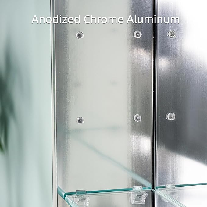 WELLFOR 48" x 30" Bathroom Medicine Cabinet, Anodized Chrome Aluminum Frame, Medicine Cabinet with Adjustable Glass Shelves, Bathroom Mirrored Cabinet, Surface or Recessed Mount, Three Doors