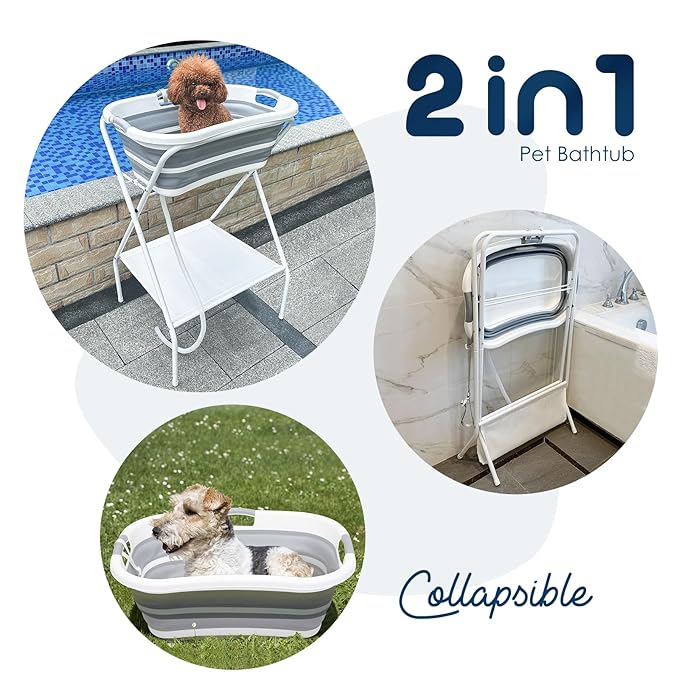 2 in 1 Dog Bath Tub Dog Washing Station with Bath Brush for Bathing and Grooming, Elevated Collapsible Foldable Portable Shower Bathtub for Small Dogs Cats Pet with Scrubber