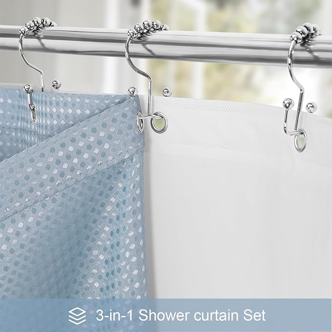 3 in 1 Shower Curtain Set, Fog Blue Waffle Shower Curtain and PEVA Liner Set with 12 Stainless Steel Shower Curtain Hooks, Waterproof Fabric Shower Curtains for Bathroom, 72 W x 72 H