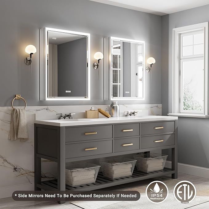 24x32 Lighted Medicine Cabinet with Beveled Mirror & Clock, Surface or Recessed Mirrored Medicine Cabinet with Dimmable Light Anti-fog, Built-in Sensing Light & Outlet, Soft-Close Right Hinge