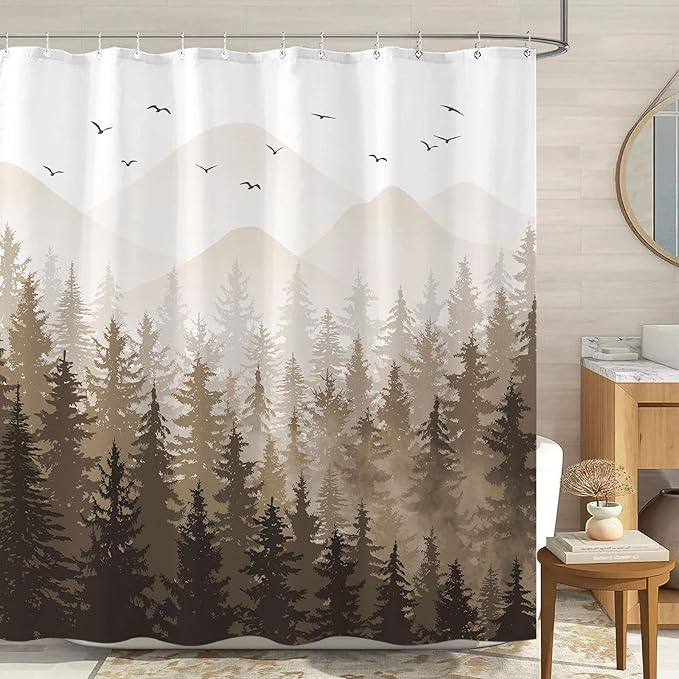 Aipon Brown Misty Forest Shower Curtain Ombre Nature Tree Plants Shower Curtains Fabric Waterproof Mountain Shower Curtain Sets for Bathroom Bath Decor with 12 Hooks (Brown, 72'' × 72'')
