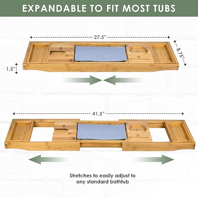 from Son, Premium Bamboo Bathtub Caddy Tray Gift Set with Bath Bombs, Shower Gel, Shampoo & Bubble Bath, Luxury Bathtub Trays with Book & Wine Holder, Expandable Tray to Fit Any Tub