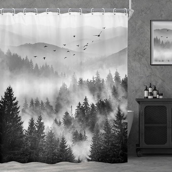 Riyidecor Extra Long Black and White Shower Curtain 72Wx84H Inch Misty Nature Mountain Tree Foggy Scene Alpine Natural Botanical View Pine Wood Bathroom Decor Fabric Polyester Waterproof 12 Pack Hooks