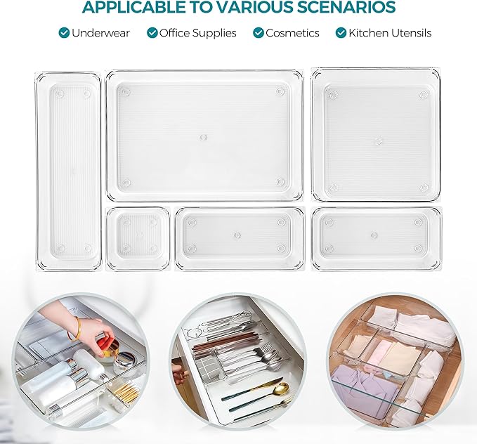 6 Pack Drawer Organizer - 6" X 6" Clear Acrylic Storage Bins with Non-Slip Pads, Versatile Desk Tray for Makeup, Jewelry, Kitchen, Bathroom, and Office Organization