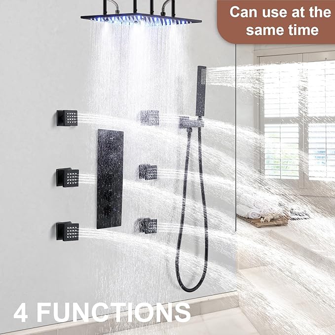 HOMEDEC Black 4-Function Shower Diverter Valve, 4 Ways Thermostatic Brass Mixer Mixing Shower Valve, Can Use All Options At a Time