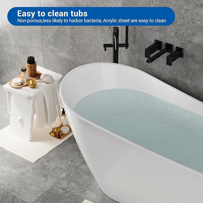 67'' Acrylic Freestanding Bathtub, Deep Soaking Tub, Non-Slip Upright Bathtub for Adults, cUPC Certified Bath, Chrome Drain, Modern, Bathroom, Scratch Resistant White Tub