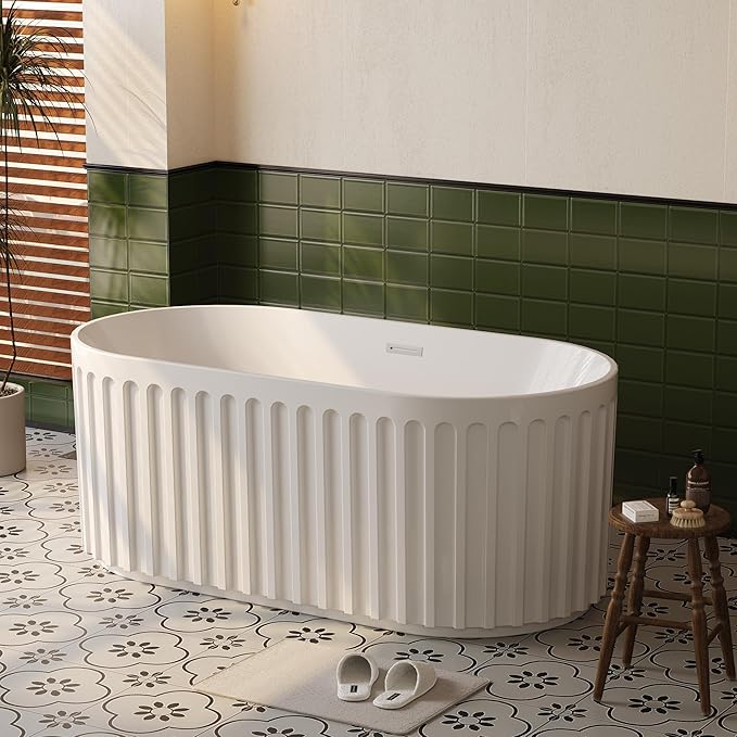 Freestanding Bathtub 67 Inch Acrylic Soaking Tub – Stripe Design Free Standing Bath Tub with Overflow & Pop-Up Drain, Glossy White Freestanding Bathtub for Master Bathroom Remodel