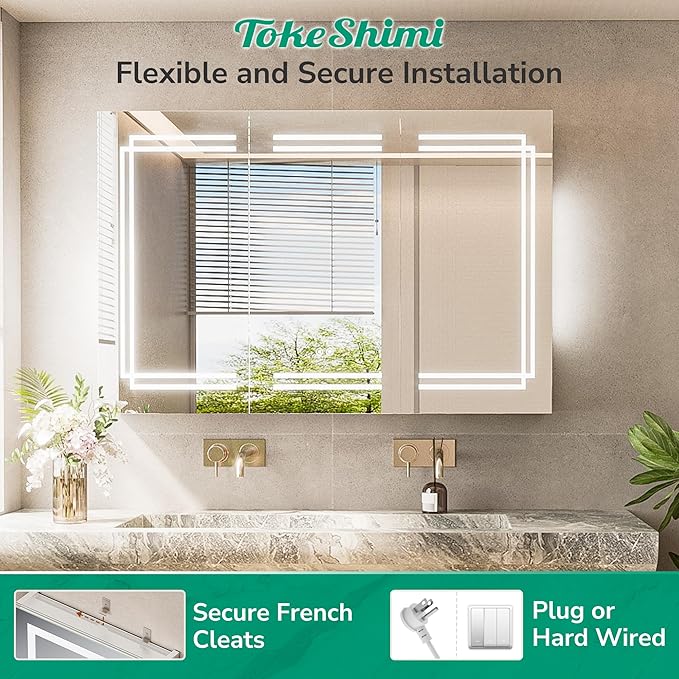 TokeShimi 36 x 32 Bathroom Medicine Cabinet with Lighted Mirror Tempered, LED Medicine Cabinet Mirror with 3 Colors Dimmable, CRI 80+, Anti-Fog, Memory Funtion, Wall Make up Mirror with Storage