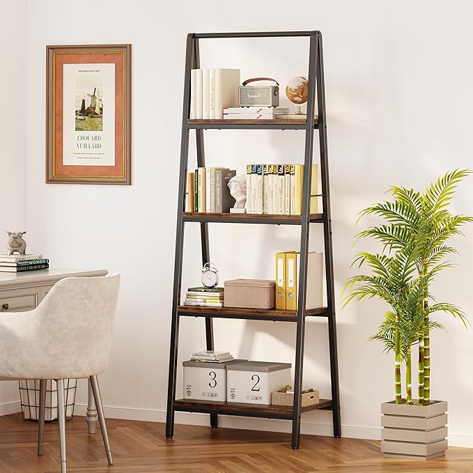 Homeiju 4-Tier Leaning Ladder Bookshelf, Rustic and Wood Ladder Shelf Bookcase, Industrial Ladder Shelf Storage Rack for Home Office, Bedroom, Bathroom or Kitchen