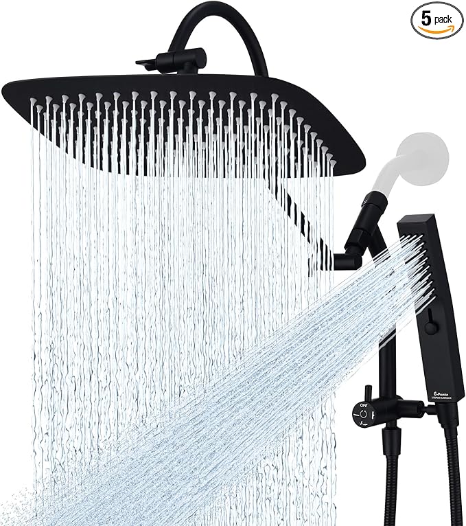 G-Promise All Metal 12 Inch Shower Head with Massage Mode Handheld, Rain Shower Head with Handheld Spray Combo, 3-Way Diverter with Pause Setting, 13 Inch Adjustable Extension Arm (Matte Black)