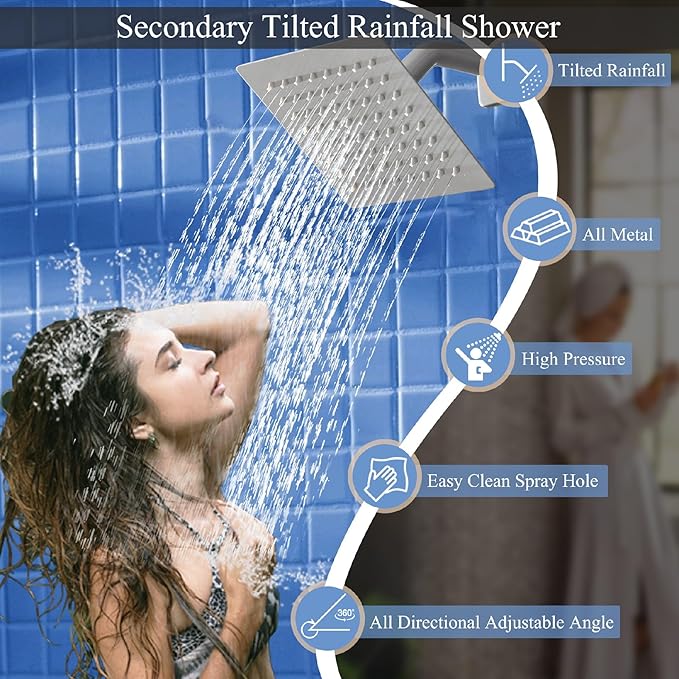 Shower Faucet Set Brushed Nickel Shower System, Knob Switch Diverter Shower Faucet with High Pressure Handheld Spray, Wall Mount 12 Inch Shower Head with 6 Inch Wall Mount Shower Head