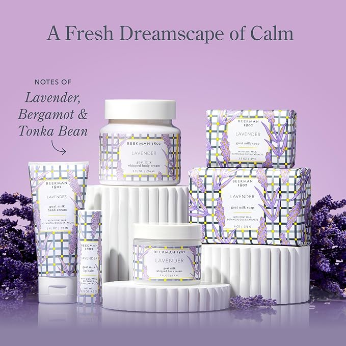 Beekman 1802 Goat Milk Body Soap Bar, Lavender - Scented - 9 oz - Nourishes, Moisturizes & Hydrates - 100% Vegetable Soap with Lactic Acid - Good for Sensitive Skin - Cruelty Free