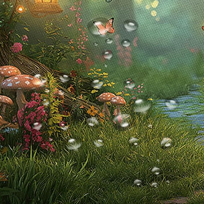 Fantasy Forest Path Shower Curtain Fairy Magical Enchanted Misty Jungle Mushroom Floral Tree Butterfly Lantern Wonderland Plant Bath Curtain Fabric Bathroom Accessories Decor with Hooks 70W x75L