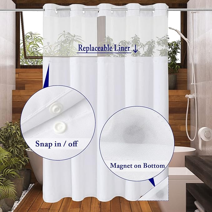 Gibelle Extra Long Shower Curtain 72x86, Waffle Weave Bathroom Shower Curtain with Snap-in Fabric Liner Set, No Hooks Needed, Hotel Style with Mesh Top Window, White