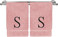Monogrammed Hand Towel, Personalized Initial Gift, Extra Absorbent 100% Turkish Cotton - Soft Terry Finish - Set of 2 - Black Block Initial S - Embroidered on Pink Towels