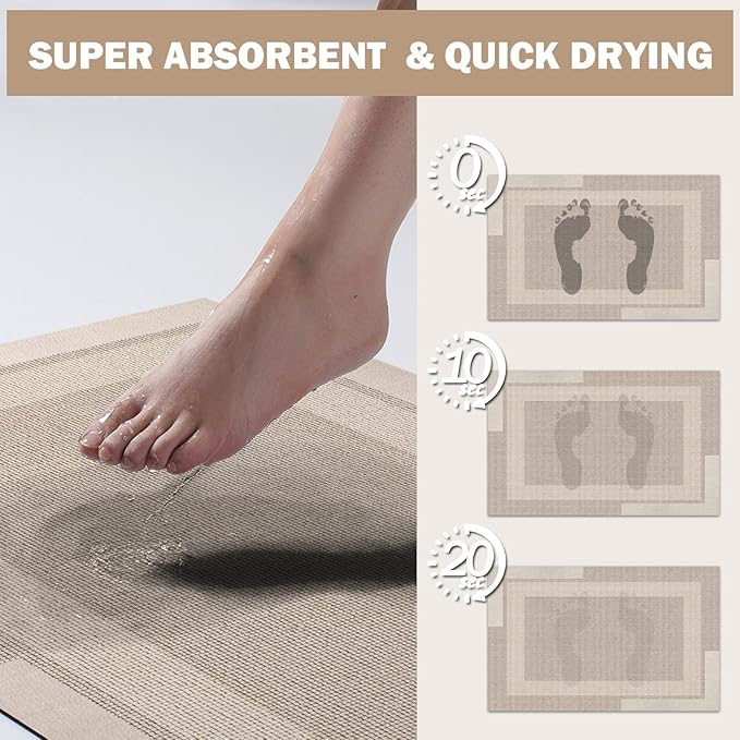 Non Slip Bath Mat, Rubber Backing Ultra Thin Bathroom Rugs Fit Under Door Quick Dry Super Absorbent Washable Bath Rug Shower Mat for Bathroom Floor Bathtub Shower Sink, Easy Care Beige 20"x 32"