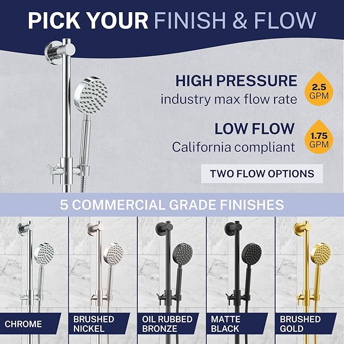 HammerHead Showers® Solid Metal 27.5 Inch Shower Slide Bar Set and Handheld Shower Head with Hose — BRUSHED GOLD — 1.75 GPM Low Flow Spray Wand — Easily Adjust Height & Angle of Handshower