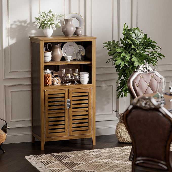 HITNET Walnut Bathroom Floor Cabinet, Bamboo Side Tall Storage Organizer, Freestanding Kitchen Cupboard with Door and Removable Shelf
