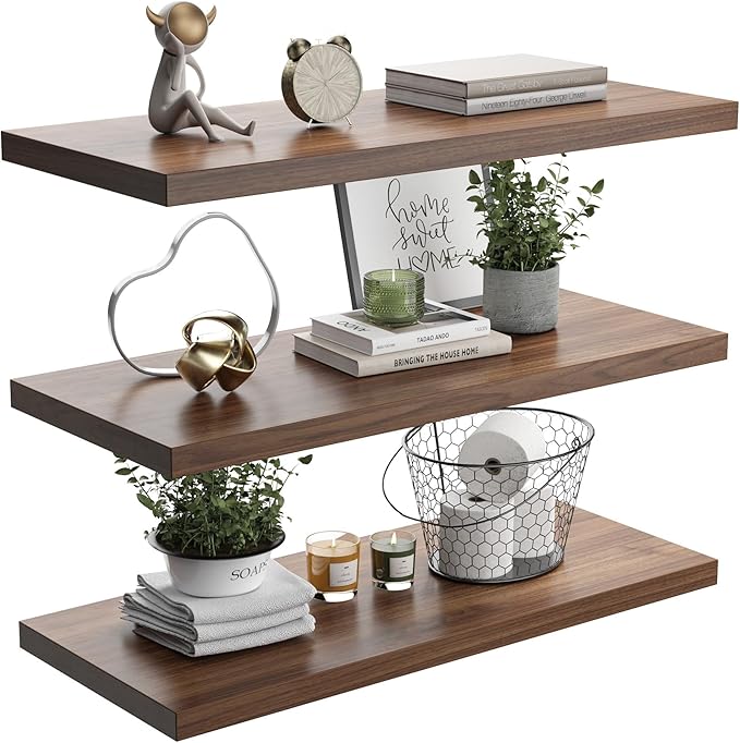 Wall Shelf Set of 3, Walnut Floating Shelves 30 in W x 10 in D x 1 in H, Wooden Floating Wall Shelf with Invisible Brackets for Living Room/Bedroom/Bathroom/Kitchen Storage and Decor