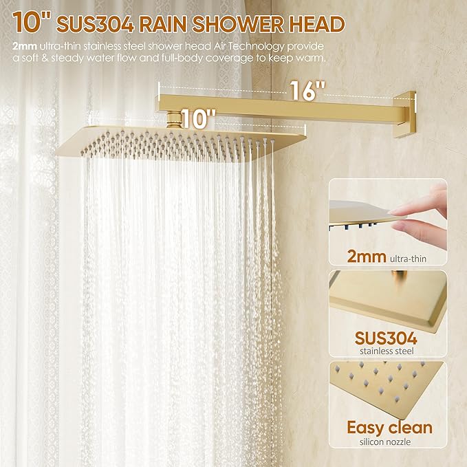 Gold Shower System with Tub Spout, All Metal Tub Shower Faucet Set with 10" Rain Shower Head and Handheld Spray combo, Wall Mounted Tub Shower Systems with Valve and Trim Kit, Brushed Gold