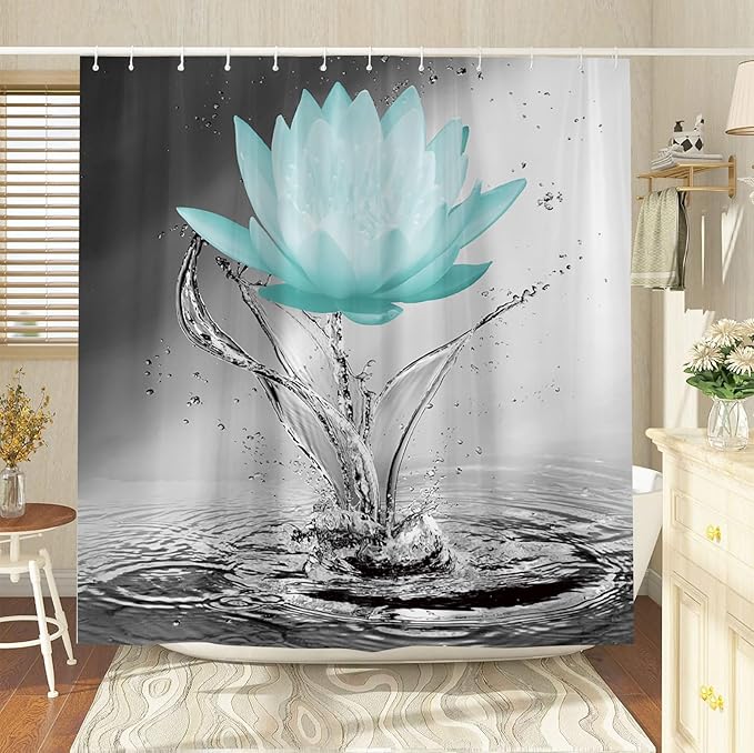 Lotus Shower Curtain Black White Grey Teal Flower Elegant Blooming Floral with Dew Spring Flower Reflection on Water Modern Romantic Polyester Fabric Bathroom Decor 70×90 Inch with Hook