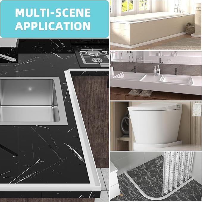 Shower Threshold Water Dam,Walk in Shower Water Guard, Shower Dam Water Barrier Bathroom Sink Splash for Dry And Wet Separation Caulk Seal Strip Edge Trim (39Inch, White)