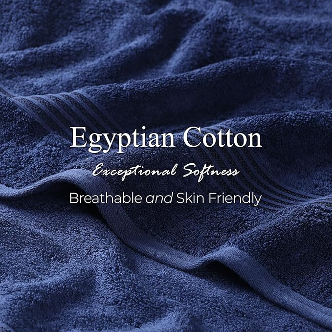 Superior Egyptian Cotton Bath Towel Set, Towels for Home Bathroom, Master, Guest Bath, Decor Essentials, Quick Dry, Absorbent, Large Body Towels, Spa, Hotel, Resort, Adult, Kids, Set of 4, Navy Blue