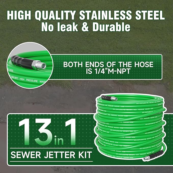 Sewer Jetter Kit for Pressure Washer 100FT – 5800PSI High-Pressure Drain Cleaner, M22 & 1/4'' NPT Universal Fit, Unclog Gutters & Sewer Lines, Durable Jetter Hose for Homeowners & DIYers