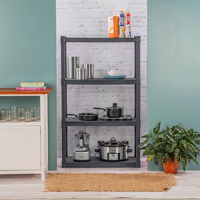 Sterilite 4-Shelf Plastic Storage Rack, Heavy Duty Shelving Unit for Garage, Gray