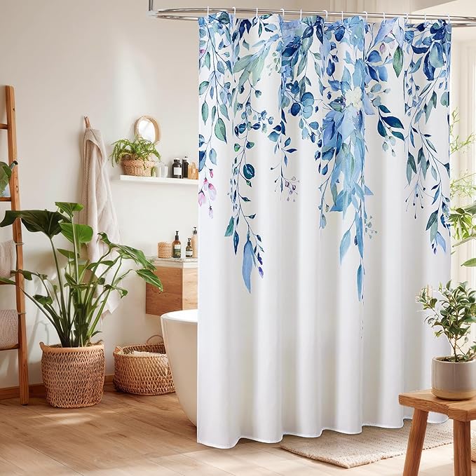 Colorful Star Blue Eucalyptus Waterproof Shower Curtain Set with Hooks, Minimalist Watercolor Floral Print Bathroom Décor, Plant Leaves Washable Fabric Shower Curtain, 72 x 72 Inch
