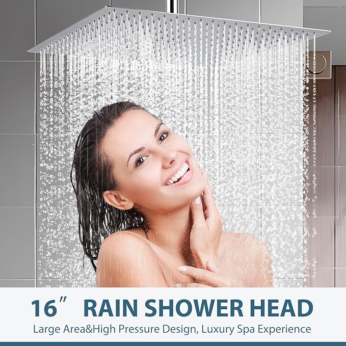 16inch Rainfall Shower Head, Ultra Thin 304 Stainless Steel High Flow Square Rainfall Showerhead, Waterfall Full Body Coverage, Universal Ceiling or Wall Mount, Chrome