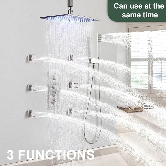 HOMEDEC 3 Way Shower Diverter Valve, 3 Outlets Multi Function Thermostatic Shower Brass Valve Can Run Simultaneously, Brushed Nickel