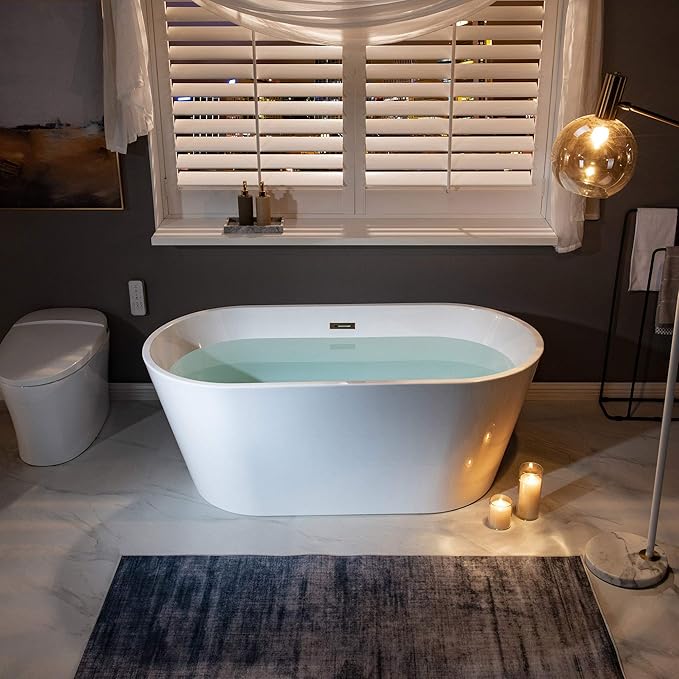 WOODBRIDGE 59" Acrylic Freestanding Bathtub Contemporary Soaking Tub, White Acrylic (Oil Rubbed Bronze Drain/Overflow),B0014 ORB Drain &O