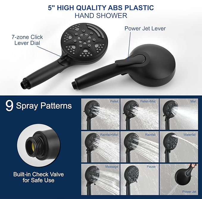 SHAMANDA 15-Function Shower System with Valve and Trim, Bathroom Luxury Shower Faucets Sets Complete with 9 Setting Handheld showerhead & 6 Setting Rain Shower, Wall mounted, Matte Black, L8082-7