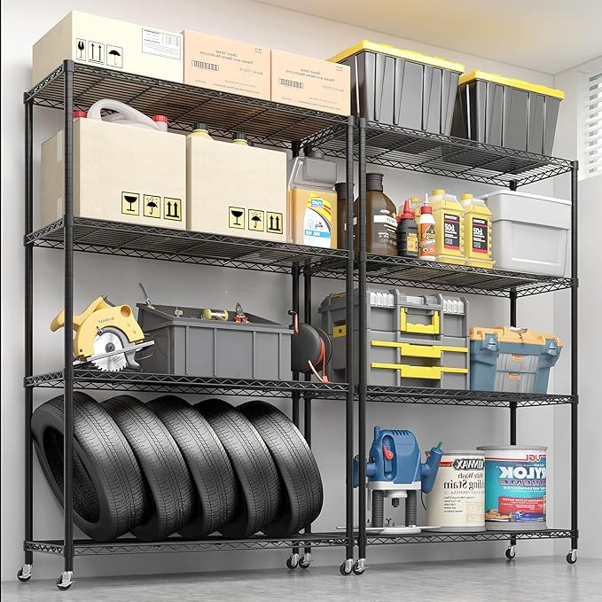 4 Tier Storage Racks Shelving, Heavy Steel Pantry Shelves, Adjustable Wire Shelving Rack with Wheels, Suitable for Garage, Kitchens, Offices, 59" W x 23.6" D x 75.6" H, Black