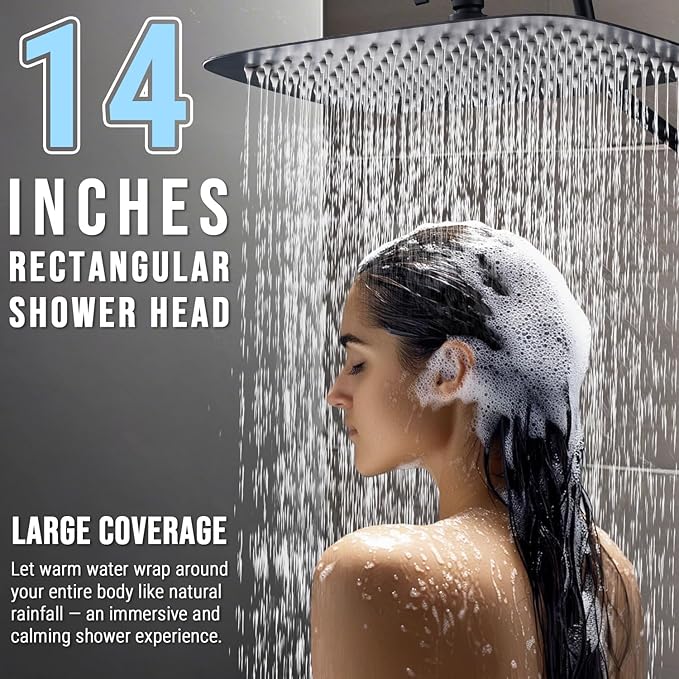 G-Promise 14 Inches Shower faucet Sets Complete, All Metal Rainfall Shower Head and Handle Set, Extended Downward Diverter, Extension Arm, Pressure Balance Rough-in Valve and Tub Spout Included