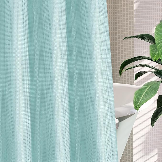 MitoVilla Teal No Hooks Needed Waffle Shower Curtain Liner Set, Turquoise Modern Waffle Weave Heavy Fabric Cloth Shower Curtain with Snap-in Liner for Aqua Luxury Neutral Hotel Spa Bathroom Decor