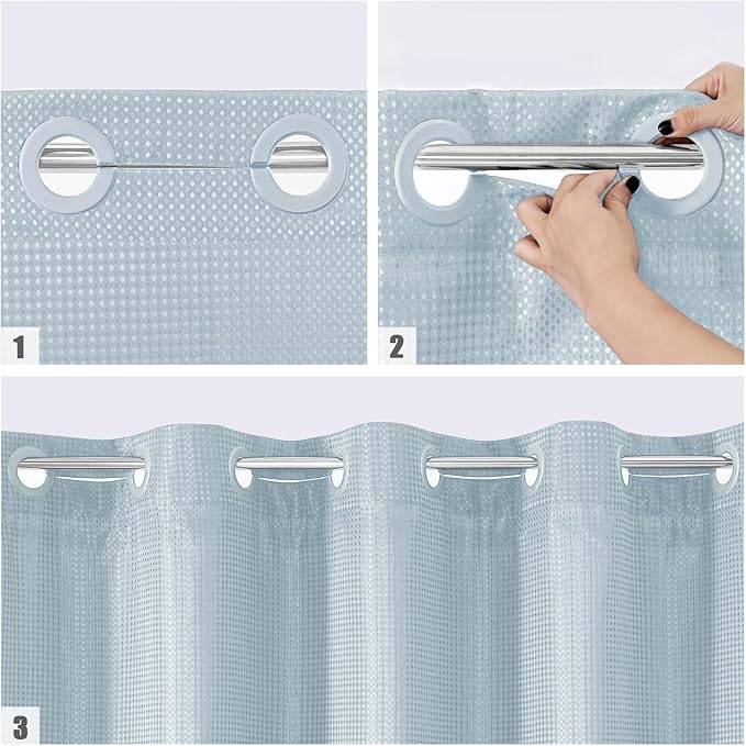 MitoVilla No Hooks Needed Extra Long Shower Curtain Liner Set, Blue 86 inch XL Heavyweight Waffle Fabric Cloth Shower Curtains Set with Snap-in Liner for Modern Luxury Hotel & Spa Bathroom Decor