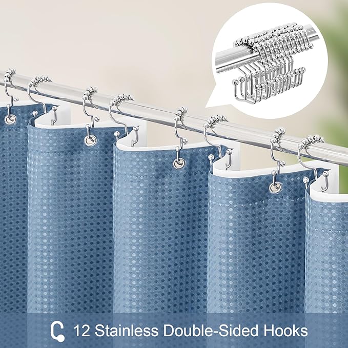 3 in 1 Stall Half Size Moonlight Blue Shower Curtain Set-36 W x 72 H, Modern Waffle Waterproof Fabric and PEVA Liner Set with Stainless Steel Hooks