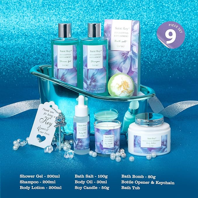 Bath and Body Basket Set Luxury EUCALYPTUS & Mint Spa Gift Basket for Women, Unique Bath Gift Baskets Gifts, Home Spa Kit Christmas Gifts for Women, birthday gift baskets for Dad Mother's Day
