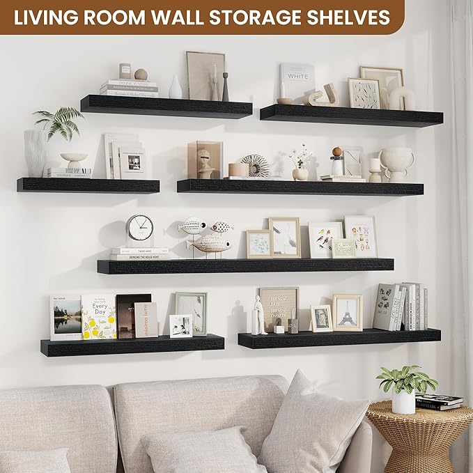 fuqing Floating Shelves for Wall, Wall Mounted Wood Floating Shelf with Invisible Brackets for Living Room, Bathroom, Bedroom, Kitchen Storage and Decor, 24 Inch Set of 2, Black
