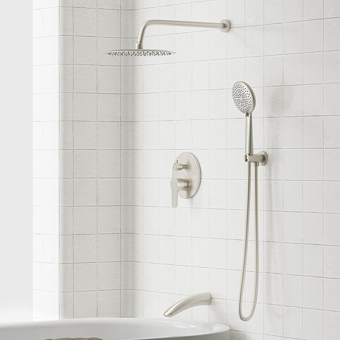 Gabrylly Bathtub Shower System, Shower Faucet Set with Tub Spout, High Pressure 10" Rain Shower head with Handheld Spray, Shower Fixtures with Pressure Balance Shower Valve, Brushed Nickel